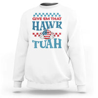 White groovy sweatshirt with colorful "HAWK TUah" graphic on the chest