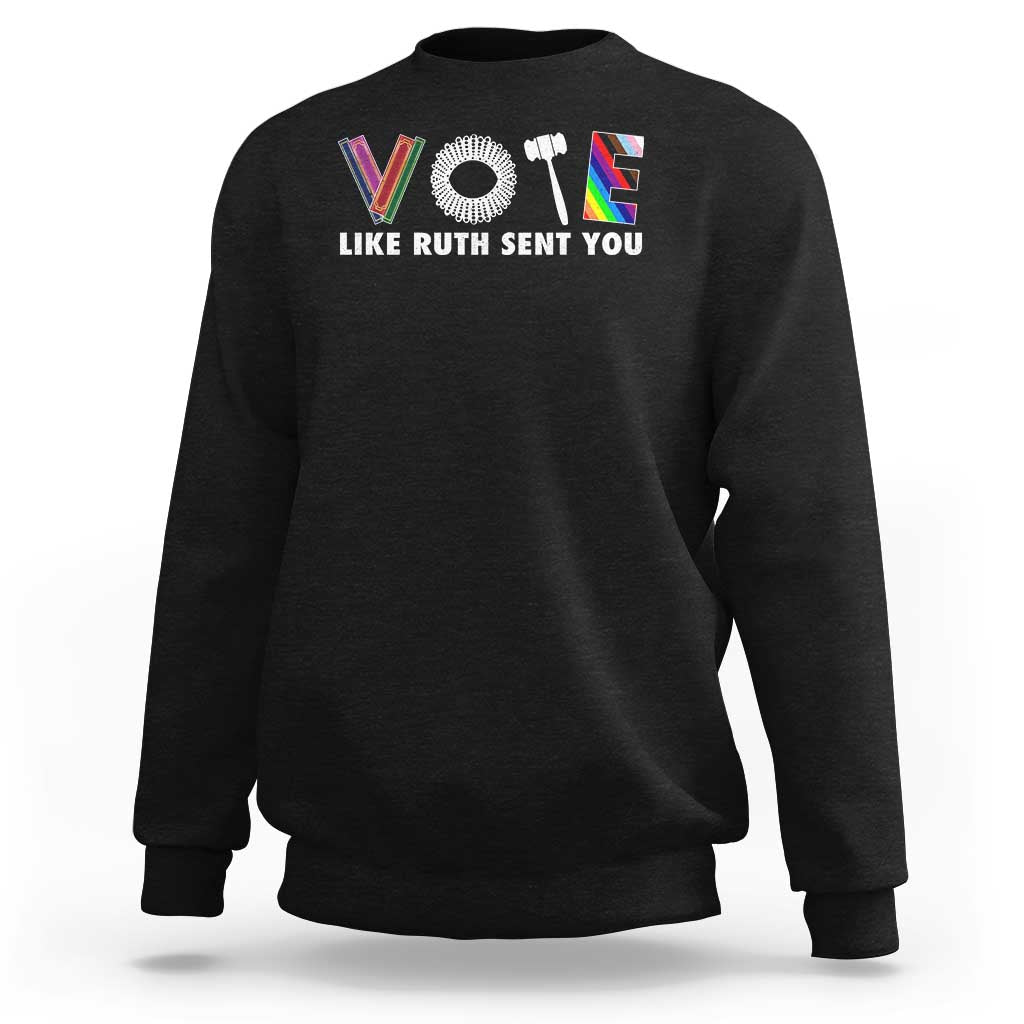 Black crewneck sweatshirt with Pride graphic and "LIKE RUTH SENT YOU" text