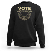 Black feminist sweatshirt with 'VOTE' and 'LIKE RUTH SENT YOU' print on back