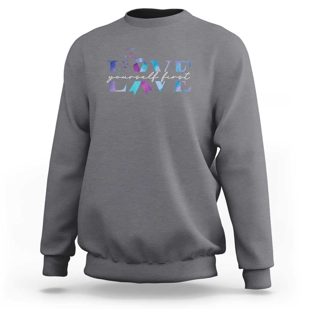 Charcoal gray suicide prevention sweatshirt with 'LOVE' graphic on chest