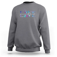 Charcoal gray suicide prevention sweatshirt with 'LOVE' graphic on chest