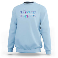Light blue suicide prevention sweatshirt with 'LOVE' graphic on chest
