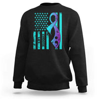 Black crewneck sweatshirt with American flag-style ribbon graphic on chest