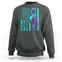 Dark heather crewneck sweatshirt with American flag-style ribbon graphic on chest