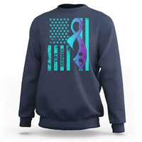 Navy crewneck sweatshirt with American flag-style ribbon graphic on chest