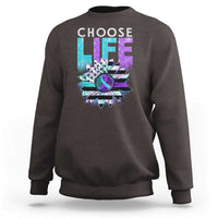 Dark brown crewneck sweatshirt with 'Choose Life' sunflower graphic, long sleeves