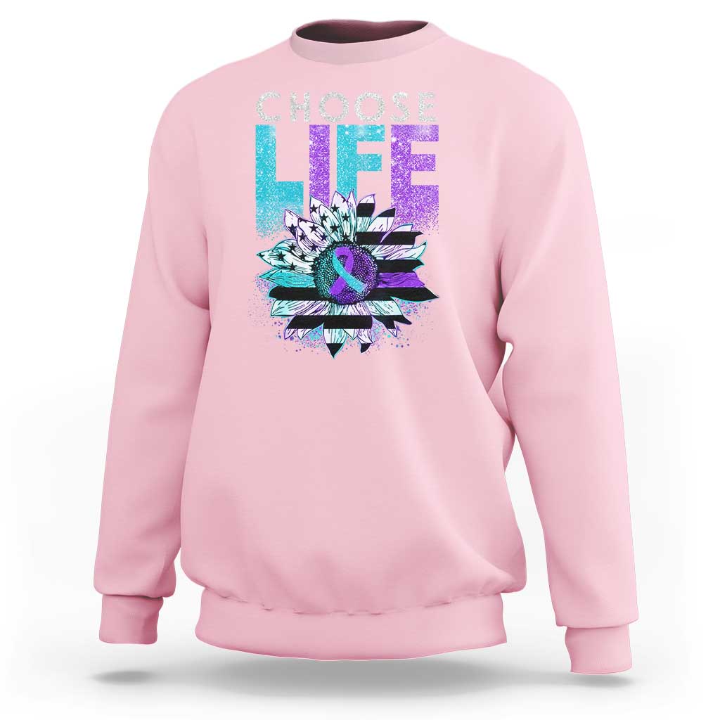 Light pink crewneck sweatshirt with 'Choose Life' sunflower graphic, long sleeves