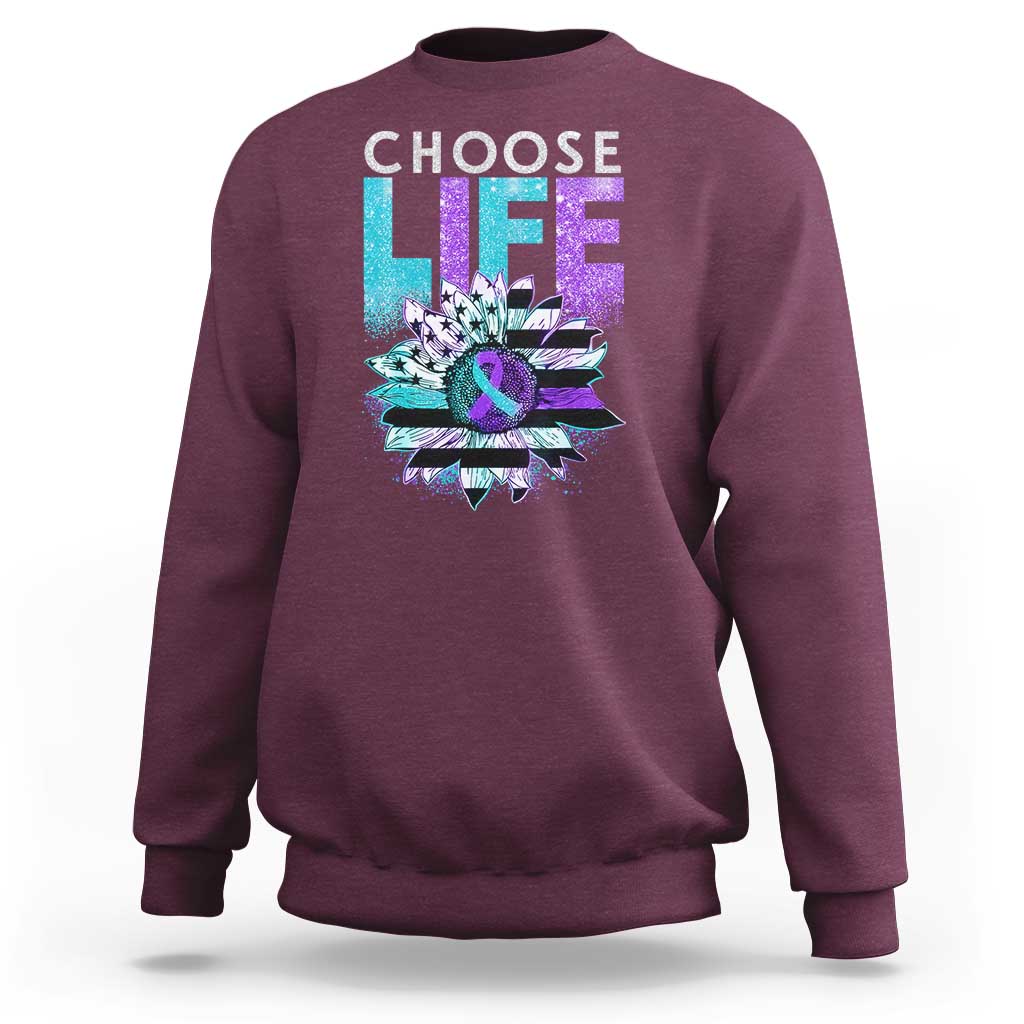 Maroon crewneck sweatshirt with 'Choose Life' sunflower graphic, long sleeves