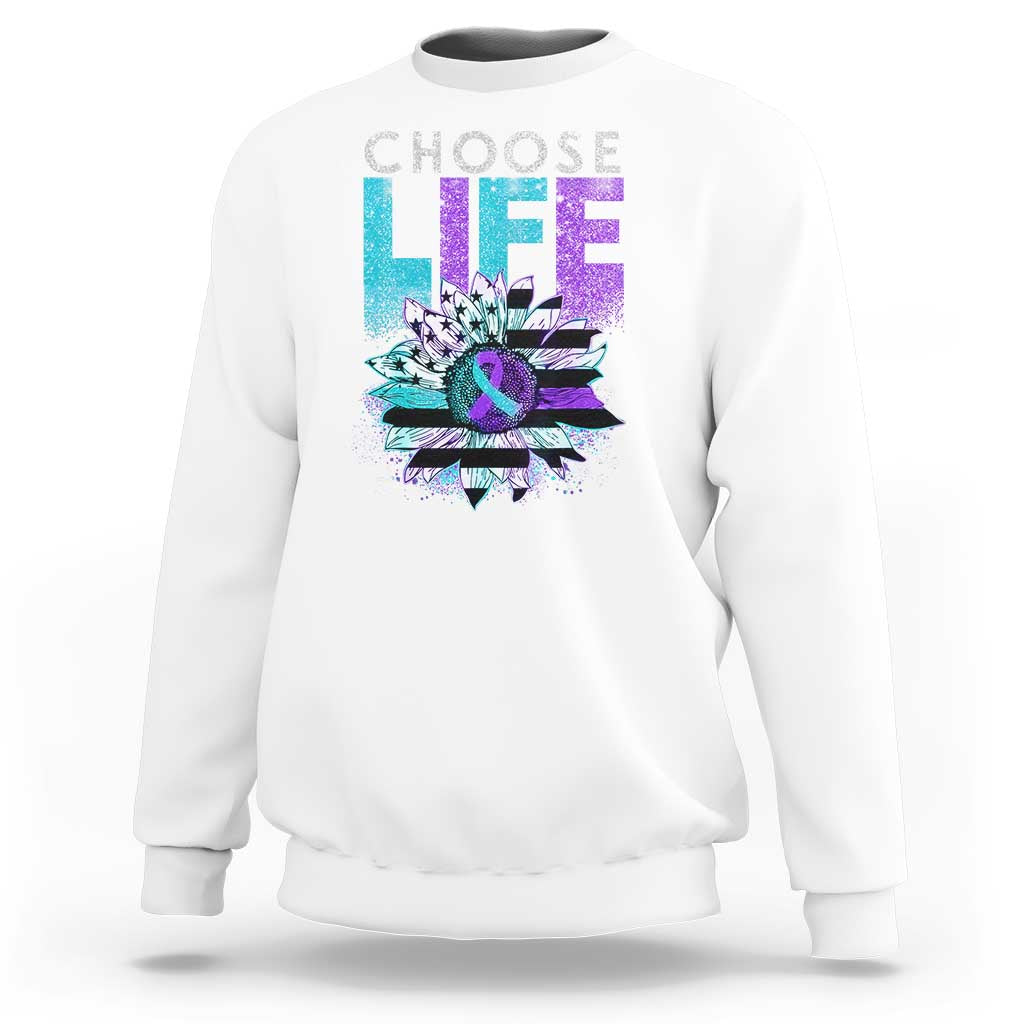 White crewneck sweatshirt with 'Choose Life' sunflower graphic, long sleeves