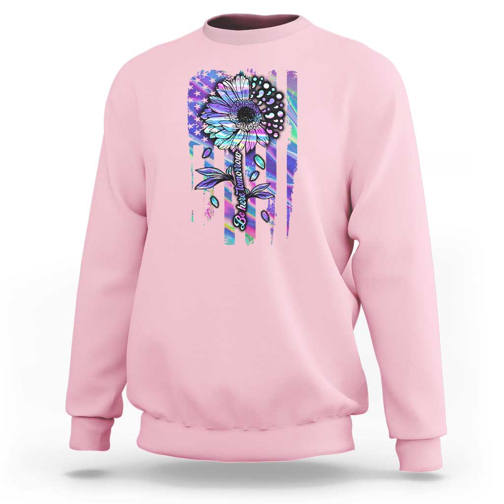 Light pink suicide prevention sweatshirt with semicolon sunflower and US flag graphic