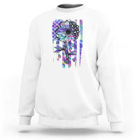White suicide prevention sweatshirt with semicolon sunflower and US flag graphic