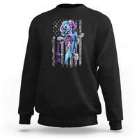 Black sweatshirt with purple rose and American flag-style graphic on chest