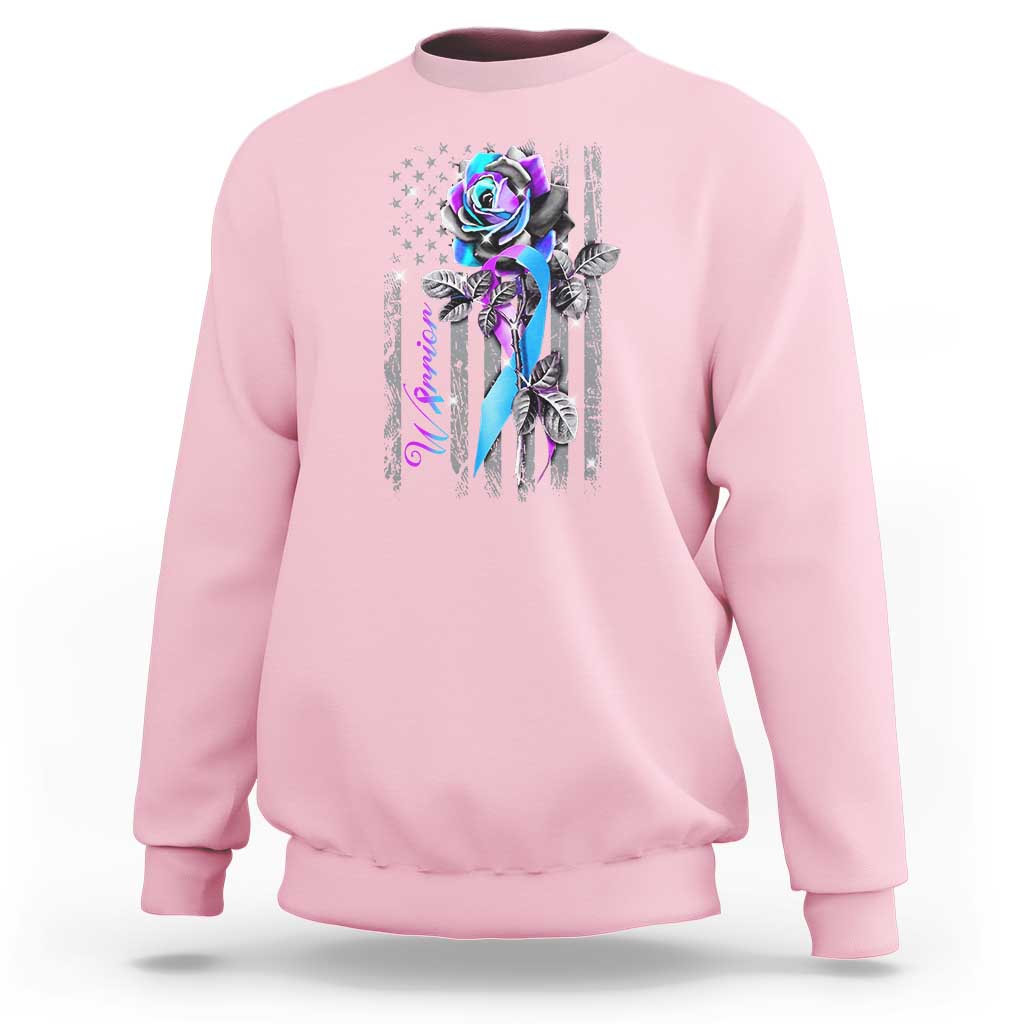 Light pink sweatshirt with purple rose and American flag-style graphic on chest