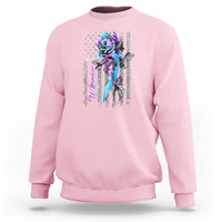 Light pink sweatshirt with purple rose and American flag-style graphic on chest