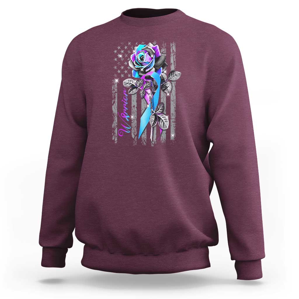 Maroon sweatshirt with purple rose and American flag-style graphic on chest