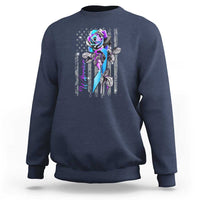 Navy sweatshirt with purple rose and American flag-style graphic on chest