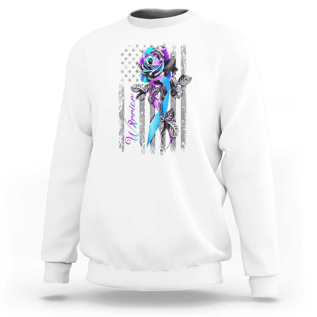 White sweatshirt with purple rose and American flag-style graphic on chest
