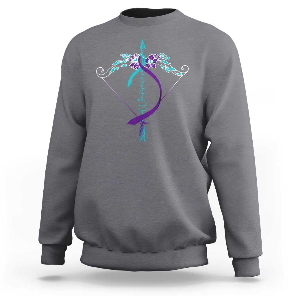 Charcoal gray warrior sweatshirt with arrow-and-floral back graphic, long sleeves