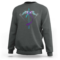 Dark heather gray warrior sweatshirt with arrow-and-floral back graphic, long sleeves