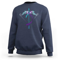 Navy warrior sweatshirt with arrow-and-floral back graphic, long sleeves