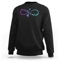 Black sweatshirt with front slogan graphic and arrow, crewneck long sleeves