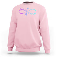 Light pink sweatshirt with front slogan graphic and arrow, crewneck long sleeves
