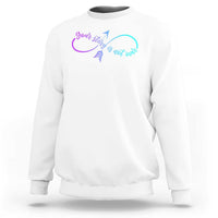 White sweatshirt with front slogan graphic and arrow, crewneck long sleeves