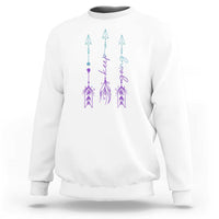 White crewneck sweatshirt with purple and teal arrow-and-script graphic on back