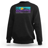 Crewneck sweatshirt in black with colorful sunrise and mountain graphic