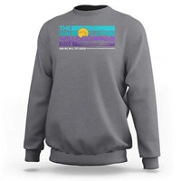 Crewneck sweatshirt in medium gray with colorful sunrise and mountain graphic