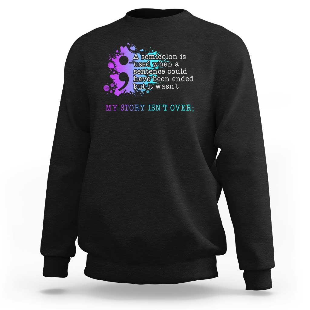 Suicide prevention sweatshirt in black with purple back graphic and text.