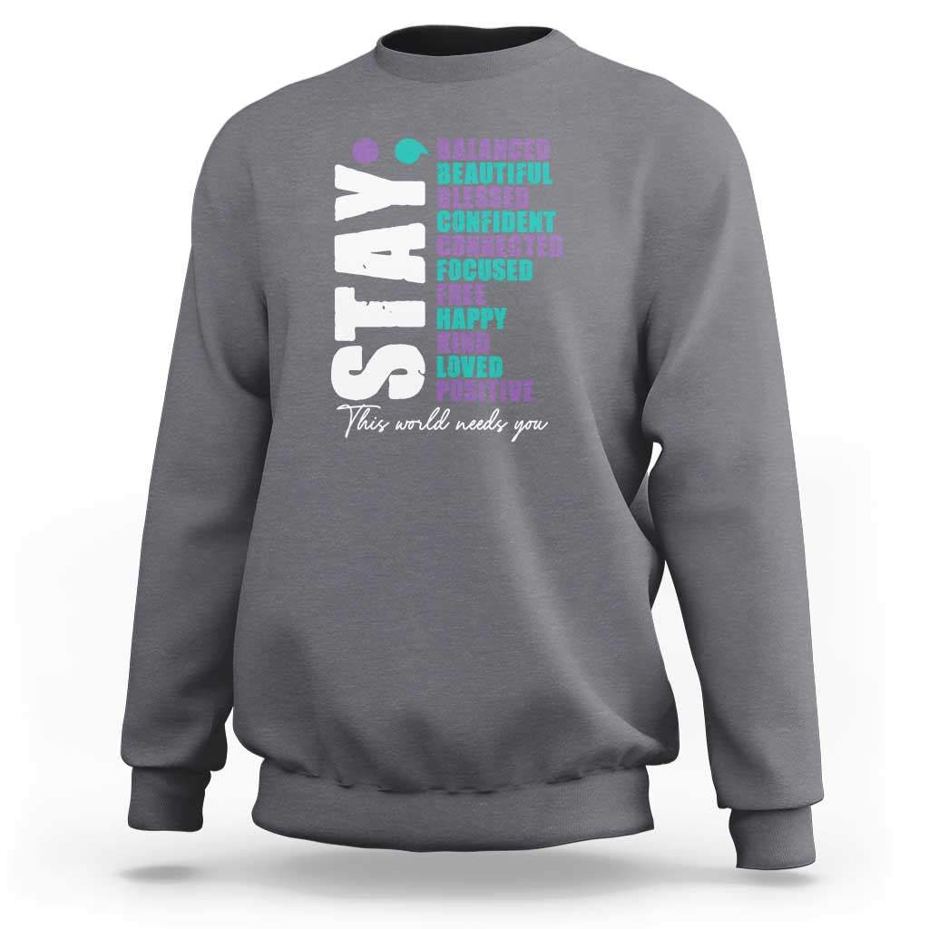 Light gray sweatshirt with colorful semicolon awareness graphic on back