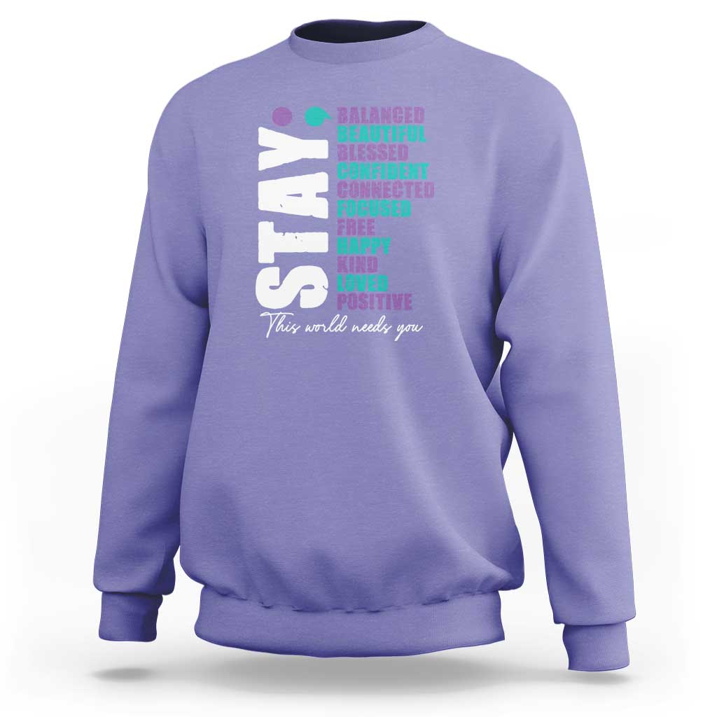 Violet sweatshirt with colorful semicolon awareness graphic on back