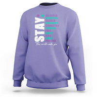 Violet sweatshirt with colorful semicolon awareness graphic on back