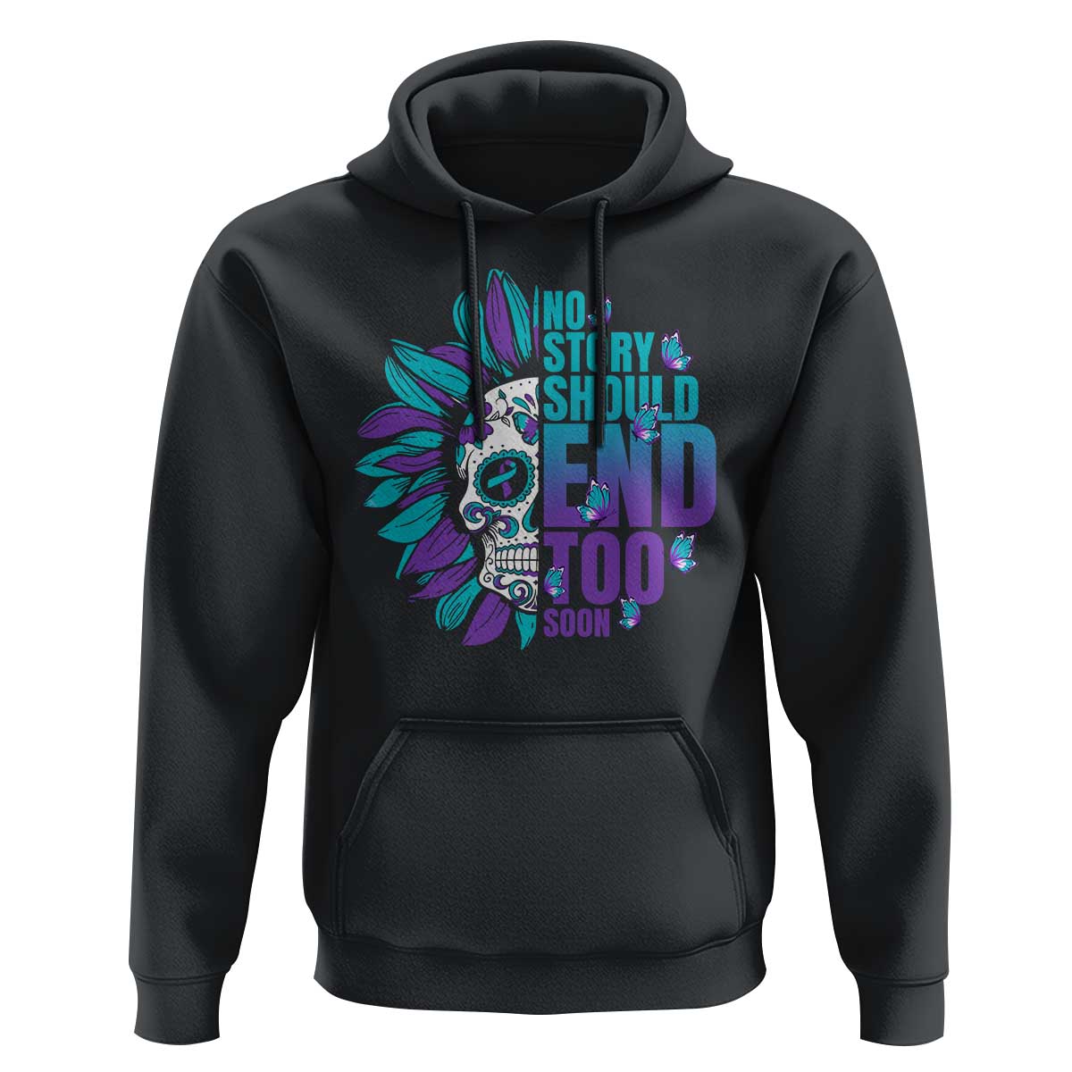 Black suicide prevention hoodie with sunflower skull front graphic