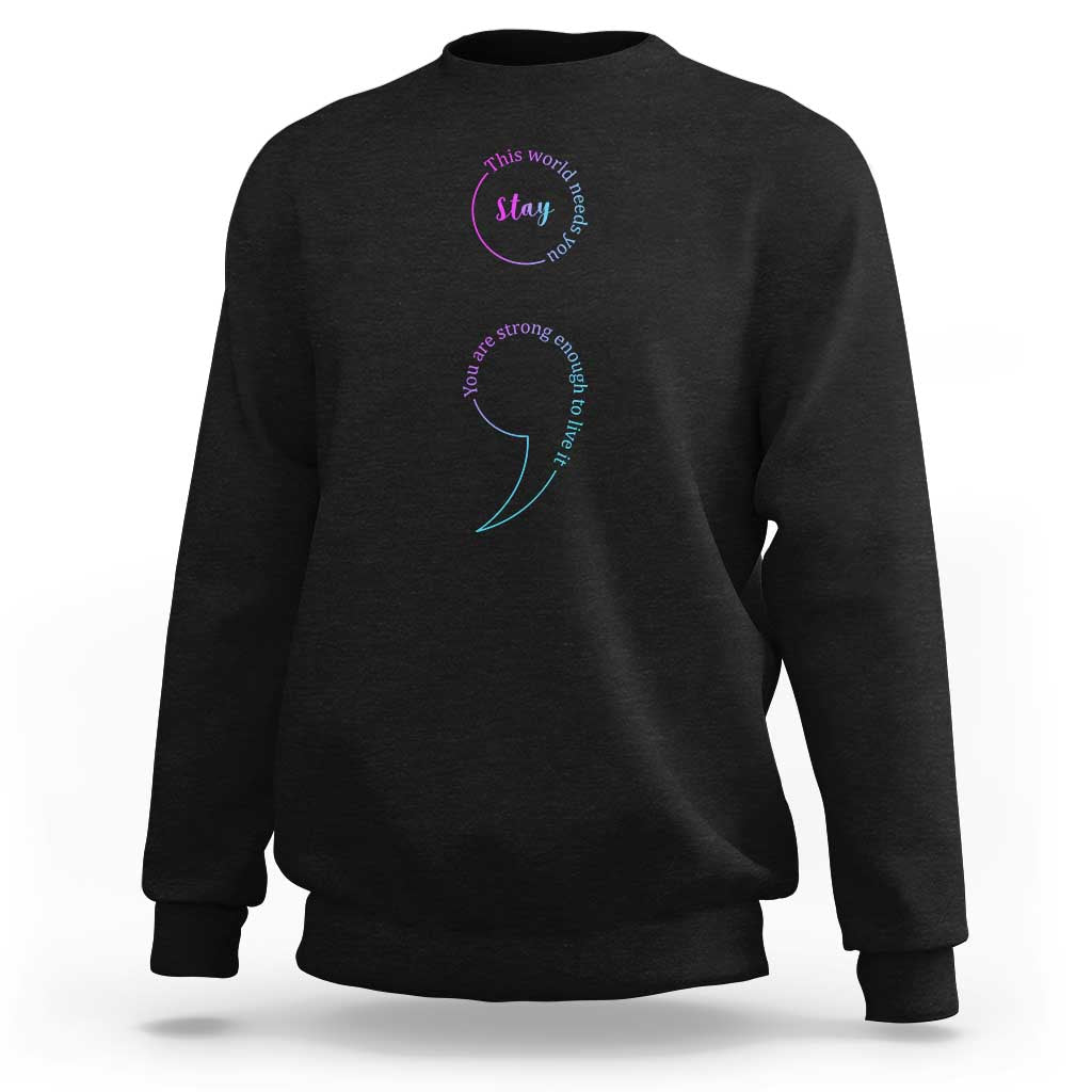 Black crewneck sweatshirt with front awareness graphic, teal arc text and pink heart detail