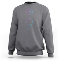Light gray crewneck sweatshirt with front awareness graphic, teal arc text and pink heart