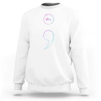 White crewneck sweatshirt with front awareness graphic, teal arc text and pink heart detail