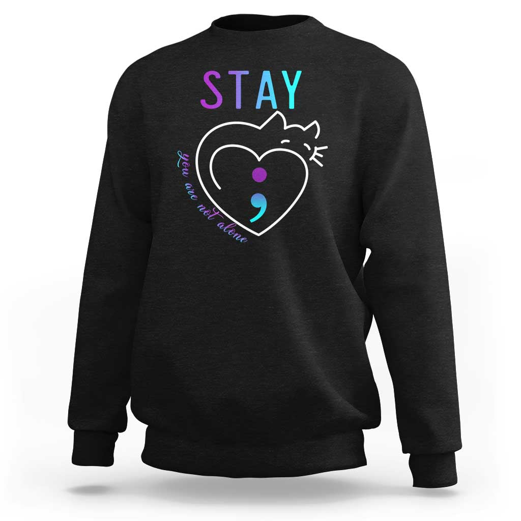 Black crewneck sweatshirt with 'STAY' heart cat graphic