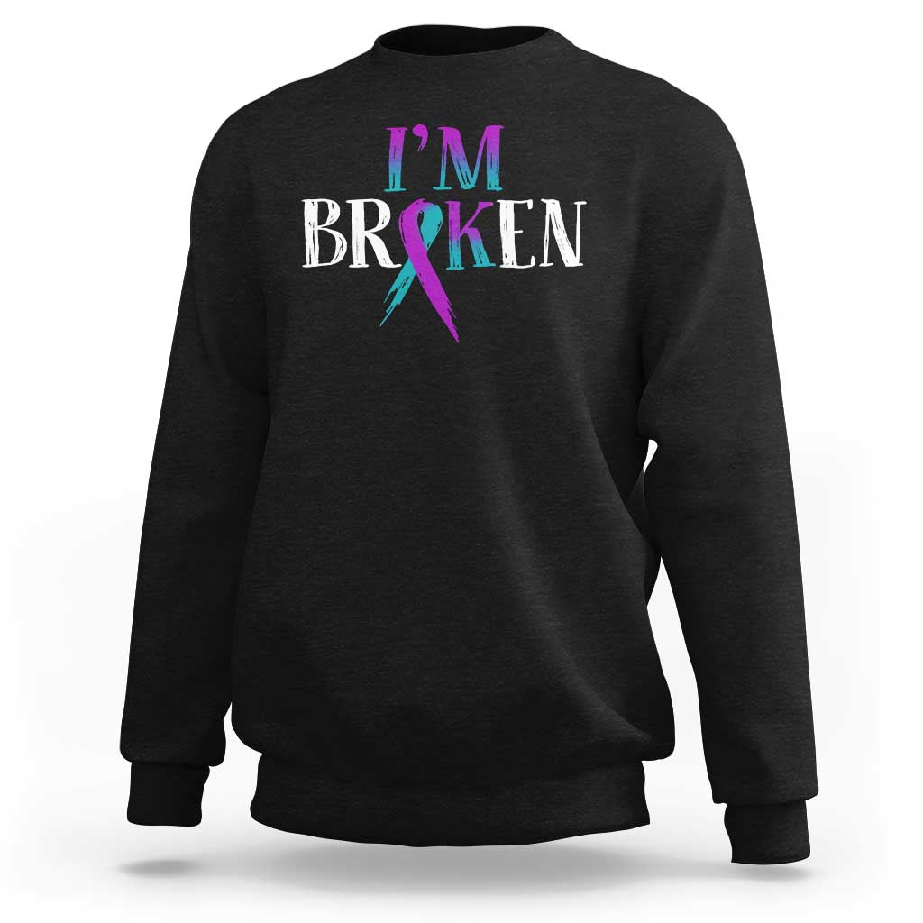 Suicide prevention sweatshirt in black with 'I'm Broken' ribbon graphic on front
