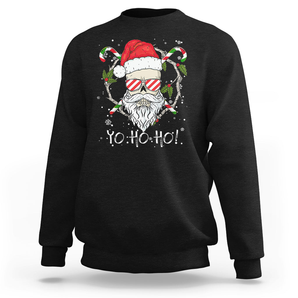 Black Christmas sweatshirt with Santa skull graphic and “Ho Ho Ho” text