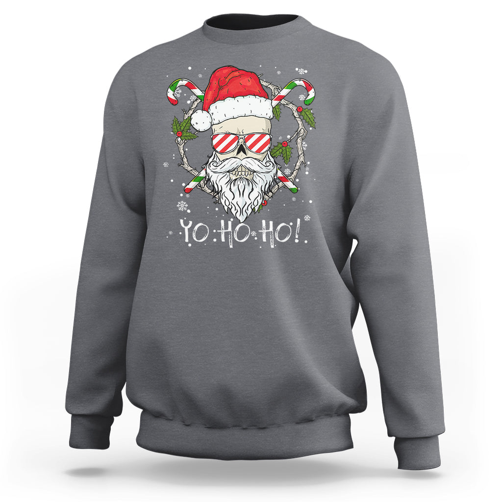 Dark gray Christmas sweatshirt with Santa skull graphic and “Ho Ho Ho” text