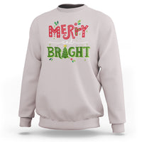 Ice gray crewneck sweatshirt with 'Merry and Bright' holiday graphic