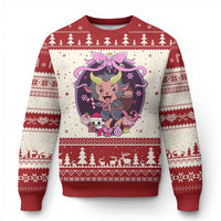 Red knit Christmas sweater with cute horned krampus girl graphic and festive snowflake pattern