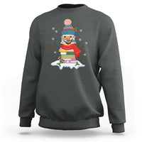Dark heather Christmas sweatshirt with cartoon snowman wearing a colorful winter hat