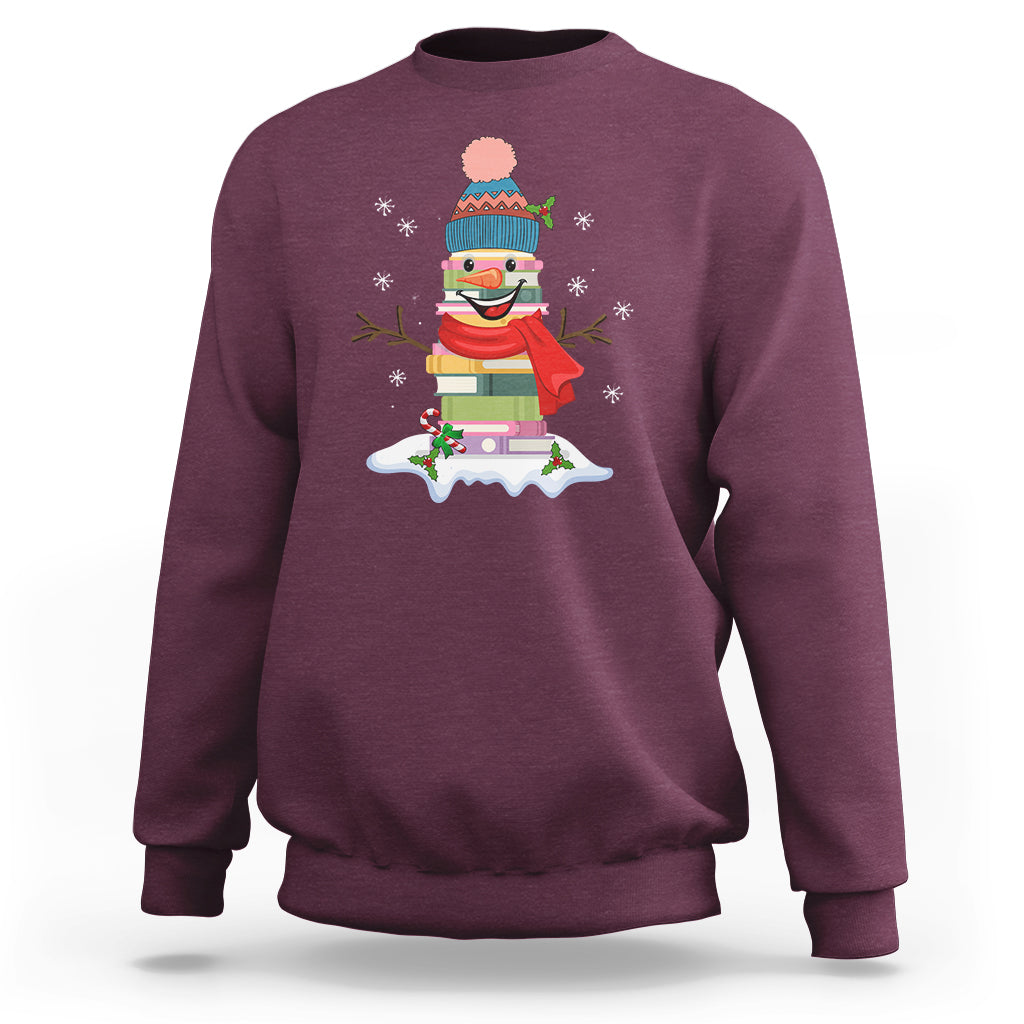 Maroon Christmas sweatshirt with cartoon snowman wearing a colorful winter hat