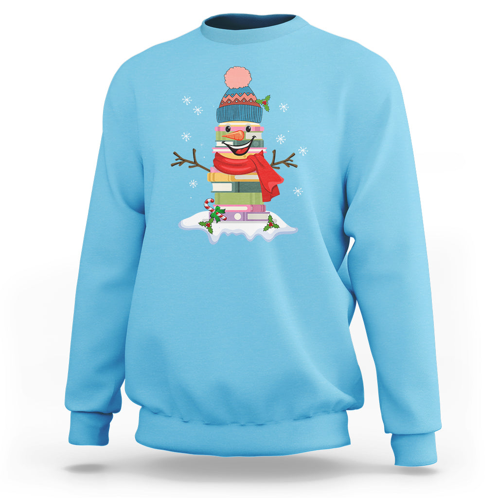 Sky blue Christmas sweatshirt with cartoon snowman wearing a colorful winter hat