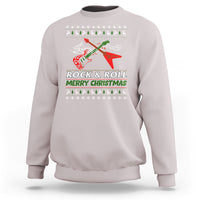 Light gray Christmas guitar sweatshirt with “Rock & Roll Merry Christmas” front graphic.