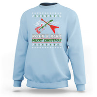 Sky blue Christmas guitar sweatshirt with “Rock & Roll Merry Christmas” front graphic.