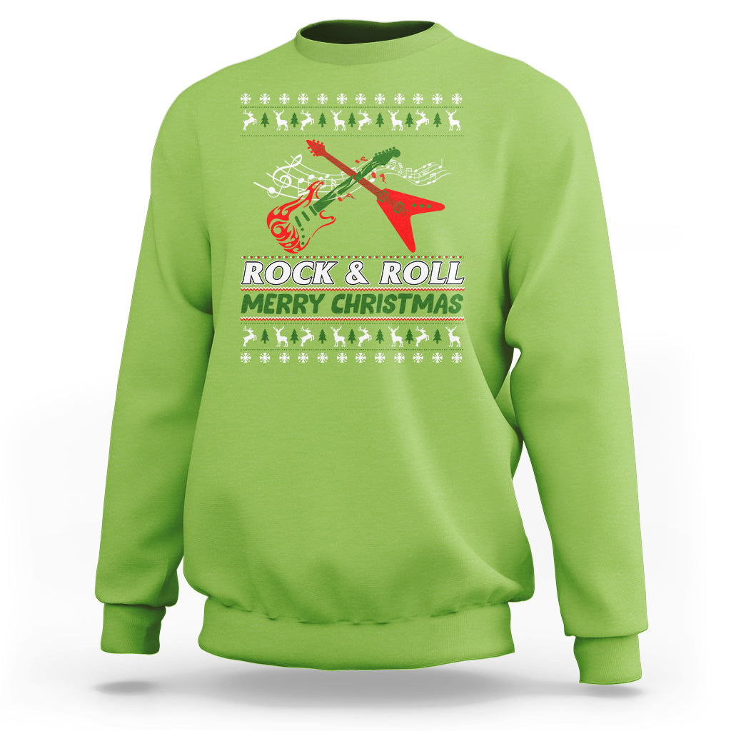 Lime green Christmas guitar sweatshirt with “Rock & Roll Merry Christmas” front graphic.